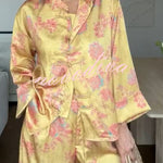 Floral Print Satin Knotted Button Long Sleeve Shirt and Elastic Waist Pocket Wide Leg Pants Set