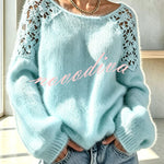 Faux Mink Knit Crochet Flowers Shoulder Wide Neck Long Sleeve Loose Sweater