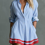 Retro-style Color-blocked Trim Blue Striped Long-sleeved Collared Cotton Mini Dress