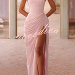Cyra Back Lace-up Asymmetrical Pleats Strapless Slit Maxi Dress