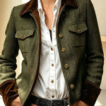 Vintage Herringbone Tweed Velvet Trim Button Up Pocket Long Sleeve Jacket