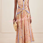 Chapel Linen Blend Floral Print Cutout Tie-up Waist Pocket Halter Backless Maxi Dress