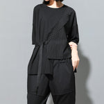 Fake Two-piece Straight Lace-up Striped Patchwork T-shirt