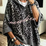 Comfortable and Casual Knit Leopard Print Half Sleeve Hoodie Sweater