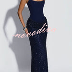 Yeona Square Neck Back Lace-up Sequin Embellished Drape Cowl Overlay Maxi Dress