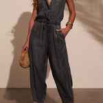 Stylish Collared Sleeveless Elastic Waist Tie Casual Pocket Denim Jumpsuit