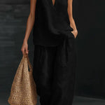 Linen Blend Solid Color V-neck Sleeveless Loose Top and Elastic Waist Casual Pocket Pants Set