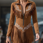 Vintage Western Style Embroidered Tassel Long Sleeve Brown Suede Mini Dress