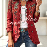 Stylish and Unique Printed Ruffle Trim Button-down Long Sleeve  Jacket
