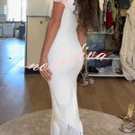 Solid Color V-neck Off-shoulder Slim-fit Tassel Midi Dress