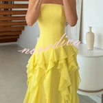 Elegant Sleeveless Off-shoulder Fitted Ruffled High Slit Maxi Dress