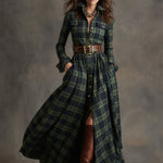 Retro Ethnic Style Lapel Reddish Brown Plaid Maxi Dress