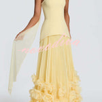 Serafina Strapless Back Lace-up Handcrafted Floral Appliqués Pleated Hem Gown Maxi Dress