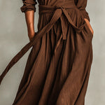 Linen Blend Round Neck Long Sleeve Waist Tie Casual Pocket Maxi Dress