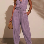 Stylish Collared Sleeveless Elastic Waist Tie Casual Pocket Denim Jumpsuit