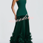 Serafina Strapless Back Lace-up Handcrafted Floral Appliqués Pleated Hem Gown Maxi Dress