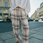 Adrenia Plaid Print Mid Rise Elastic Waist Pocket Tie-up Hem Balloon Pants