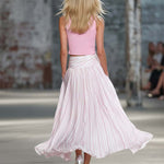 Elegant Retro Flowy Pink Knit Top And Striped Chiffon Skirt Set