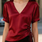 Solid Color Satin V-neck Short-sleeved Side Waist Ruching Casual Top