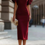 Solid Color Round Neck Ruffle Sleeve Elegant Slim-fit Midi Dress