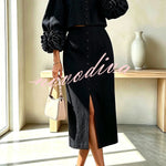 Linen Blend Flowers Buttons Floral Cuffs Sleeve Top and Elastic Waist Pocket Midi Skirt Set