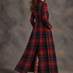 Women's Tartan Plaid Military Style Long Velvet Coat