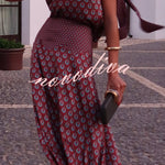 Dalena Satin Art Print High Tie-up Neck Short Sleeve Top and High Rise Maxi Skirt Set