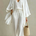 Linen Blend Solid Color Loose Cardigan V-neck Sleeveless Vest and Elastic Waist Pocket Straight Leg Pants Three-piece Set