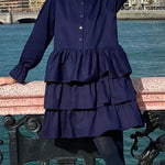 Flared Sleeves Long Sleeves Buttoned Elasticity Layered Solid Color V-Neck Mini Dresses