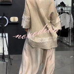 Lucy Knit Cutout Layered Design Half Sleeve Top and Satin Elastic Waist Pocketed Lantern Pants Set