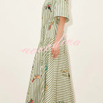 Linen Blend Striped Print Collared Short-sleeved Fitted Waist Belted Casual Maxi Dress