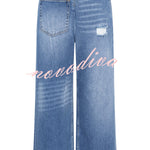 Street Style Denim Asymmetrical Pocket Design Mid Rise Distressed Wide Leg Jeans