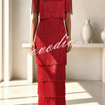 Elowyn Mesh Tiered Tassel Patchwork Round Neck Cape Sleeve Midi Dress