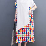 Loose Short Sleeves Multi-Colored Polka-Dot Split-Joint Round-Neck Midi Dresses