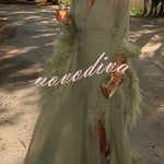 Geisha Lightweight Crepe Feather Trim Sleeve Ruched Waist Slit Maxi Dress