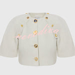 Custom Look Linen Blend Unique Metal Pattern Buttons Slit Half Sleeve Crop Jacket