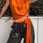 L'Aura Padded-Shoulder Wrap-Around Satin Top