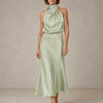 Sabine | Teal Satin Draped Halter-Neck Midi Dress
