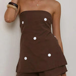 Polka Dot Print Sleeveless Off-shoulder Top and Elastic Waist Casual Pocket Shorts Set