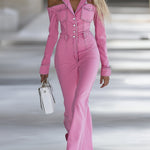 Fashionable Personalized Lapel Pink Denim Off-the-shoulder Long-sleeved Flared Jumpsuit