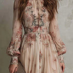 Vintage Floral Chiffon High-Neck Maxi Dress