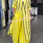 Ruan Linen Blend Stripe Print Long Sleeve Midi Shirt and Elastic Waist Pocketed Loose Pants Set