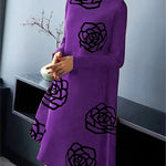 A-Line Long Sleeves Flower Print Mock Neck Midi Dresses