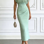 Sheer High-Neck Ruffle Sleeve Back Tie-up Top and Slip Ruched Midi Dress Two Pieces Set