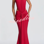 Thekla Stretch Slinky Jersey High Neck Ruched Backless Drape Maxi Dress