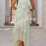 Solid Color Chiffon Halter Neck Elegant Ruffle Maxi Dress