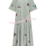 Linen Blend Striped Print Collared Short-sleeved Fitted Waist Belted Casual Maxi Dress