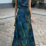 Ione Chiffon Ombr¨¦ Print Cowl Neck Top and High Rise Maxi Skirt Set with Scarf
