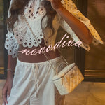 Fiji Embroidered Cutout Scallop Pattern High Neck Half Puff Sleeve Crop Top
