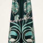 Aurie Satin Unique Artistic Print Tassel Trim Scarf Top and Elastic Waist Pocket Loose Pants Set